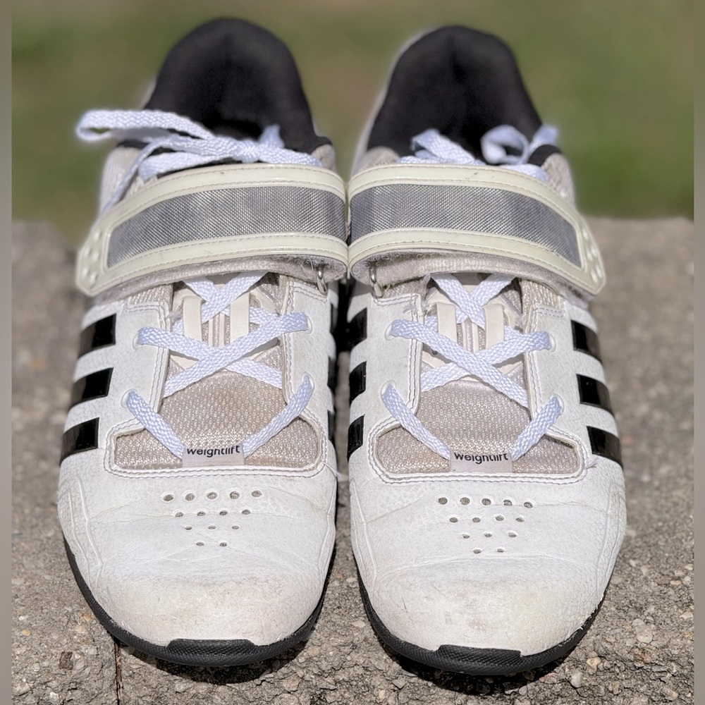 ADIDAS,Adipower M25733,Men’s,Size 12, White w/Black Stripes Weightlifting Shoes.